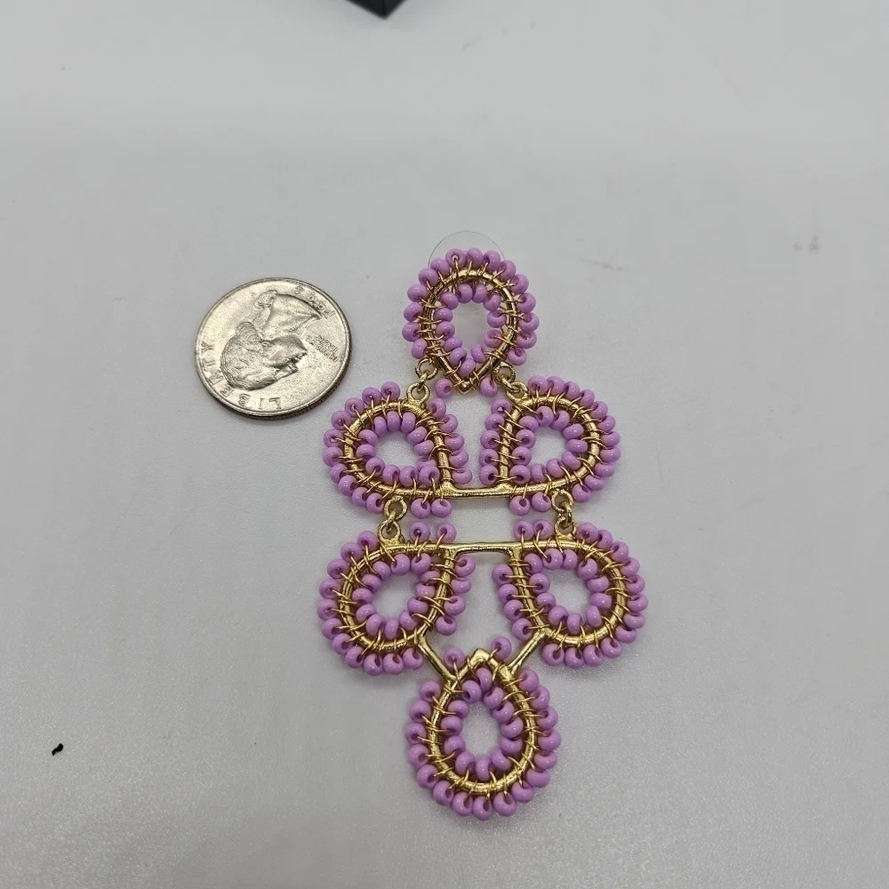 gold tone and lavender seed bead chandelier statement earrings